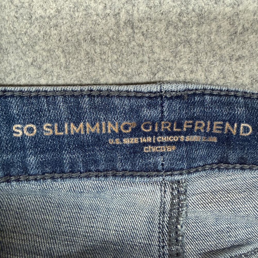 Chico's So Slimming Girlfriend Flare Jeans Size 14R 2.5 Blue Rhinestone Denim - Picture 3 of 11